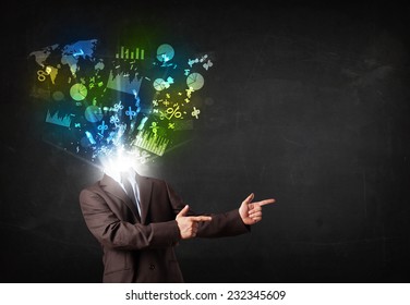 Business man in suit with graph and charts exploding from his body concept - Shutterstock ID 232345609