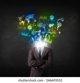 Business man in suit with graph and charts exploding from his body concept - Shutterstock ID 246693553