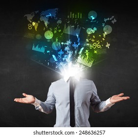 Business man in suit with graph and charts exploding from his body concept - Shutterstock ID 248636257