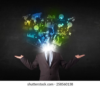 Business man in suit with graph and charts exploding from his body concept - Shutterstock ID 258560138