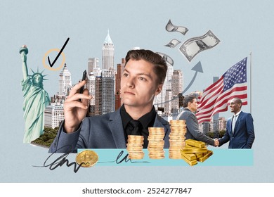 A business man in a suit stands in front of a cityscape, holding a phone. Money, gold, and a handshake, business success. The Statue of Liberty and American flag. Business and election in America. - Powered by Shutterstock