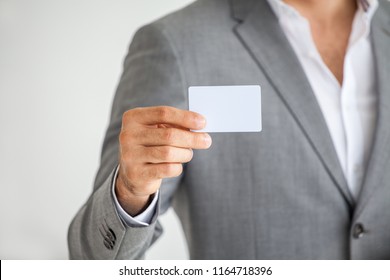 Business Man In Suits Show Or Holding Blank White Credit Card Mockup Isolated On White Background With Clipping Path Of Card