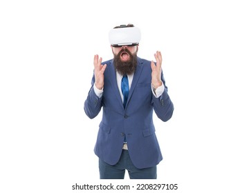 Business Man Surprised Of Virtual Reality Wear Vr Goggles Isolated On White. Virtual Reality Business.