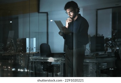 Business man, tablet and thinking in office, problem solving or looking for solution by window with city lights at night. Technology, idea and professional person with touchscreen to focus on reading