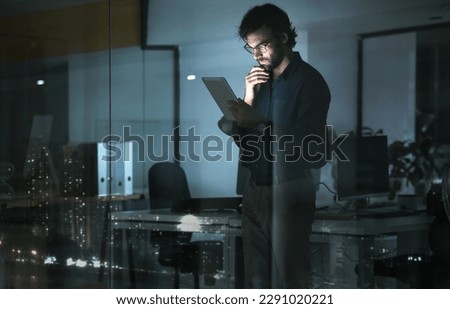 Business man, tablet and thinking in office, problem solving or looking for solution by window with city lights at night. Technology, idea and professional person with touchscreen to focus on reading