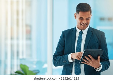 Business man, tablet and typing in office mockup for stock market research, data analytics and management. Happy corporate worker, employee or trader scroll on digital technology or trading software - Shutterstock ID 2352614325