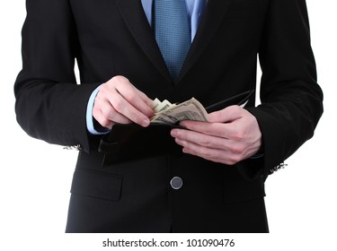 business man taking money in wallet isolated on white