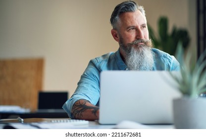 Business Man, Thinking And Computer Work In A Office Doing Internet, Web And Digital Research. Accounting, Finance And Data Strategy Of A Senior IT Expert Working On Planning Financial Analytics