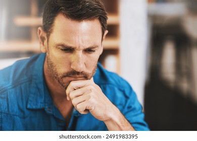 Business, man and thinking for problem solving in office with doubt, confused or unsure for decision. Professional, employee and thoughtful at workplace with question, challenge and contemplating
