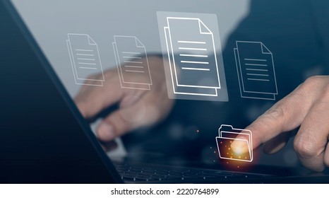 business man touch button web file Information management, storage, protection and use concepts for business people.