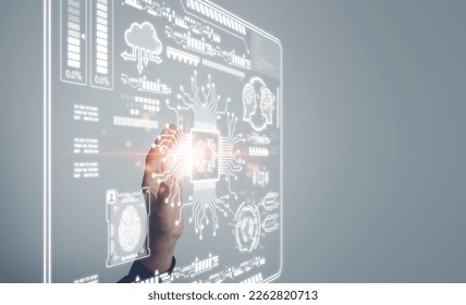 Business man touch digital screen on the AI icon artificial intelligence. Machine learning concept, big data, science, innovation technology, cloud computing, futuristic, internet network communicati