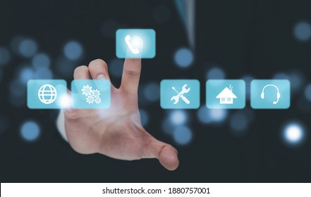 Business Man Touch In Graph Screen Call Center Services Of A Media Screen, Internet Of Things. New Technology Big Data And Business Process Strategy, Customer Service Management,concept