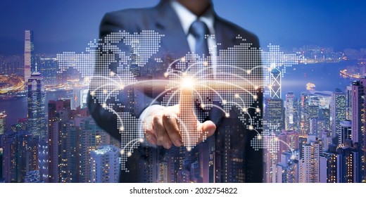 Business Man touch on world map. Businessman point at earth connection line show business building, 5G World communicate, City tower, Real Estate, Property business, 5G internet, GPS network concept.