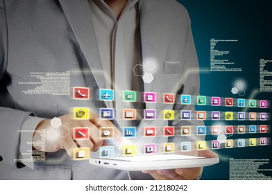 Business Man Touch Tablet Display To Access The Software Application As Wireless Device Concept