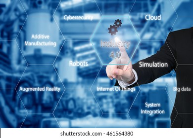 Business Man Touching Industry 4.0 Icon In Virtual Interface Screen Showing Data Of Smart Factory. Business Industry 4.0 Concept.