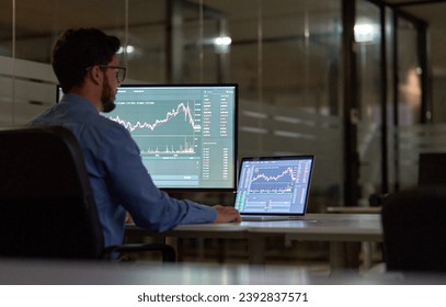 Business man trader broker analyst investor using computer analyzing stock trade crypto market investing finances working in dark night office. Copy space for learning stock trading course ads. - Powered by Shutterstock