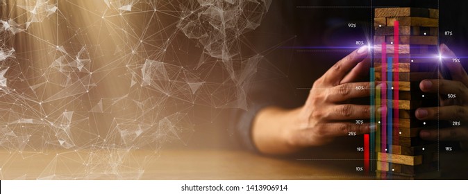 Business Man Try To Build Wood Block On Wooden Table And Black Background Business Organization Strategy Startup Concept