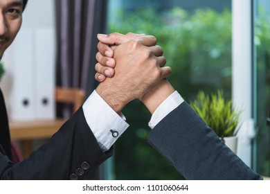 Business Man Two People Sitting Opposite At Office Desk And Shaking Hands Partnership