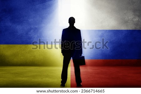 Business man, Ukraine and Russia flag for deal, choice and immigration from warzone with sanction. Politics, government and finance crisis in trading war, global conflict and entrepreneur silhouette