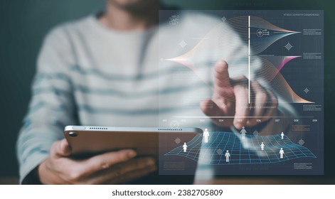 Business man using AI artificial intelligence to compute market analysis from data warehouse, data collection for customer insight, marketing campaign or insert command prompt for data analytic. - Powered by Shutterstock