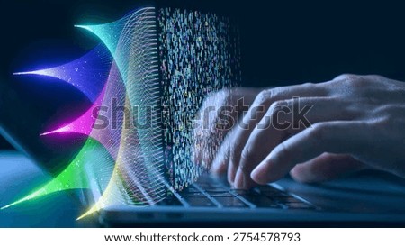 business man using a computer with artificial intelligence dashboard and binary data visualization, symbolizing AI-driven data analysis, machine learning, and advanced intelligence.
