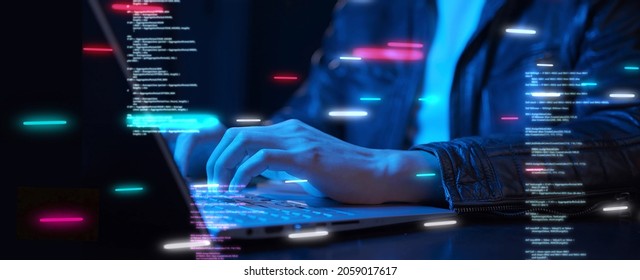 Business man using computer hand close up futuristic cyber space and decentralized finance coding background, business data analytics programming online network metaverse digital world technology 