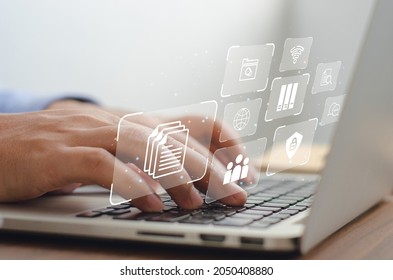 a business man using a computer to manage documents online document communication database and digital file storage systems software record keeping database technology file