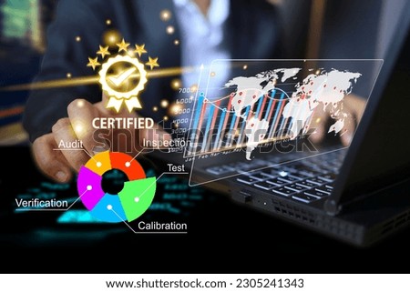 Business man is using computers to work  ISO standard cerfified, the accreditation work system for testing and calibration industrial quality concept.