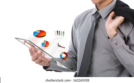 Business Man Using Glass Transparent  Touch Screen Device With Business Graph Out Against White Background