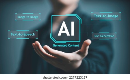 Business Man using hand AI, Artificial Intelligence to generate content. Text to image, speech, smart AI, by enter command prompt for generates something, Futuristic technology transformation. - Shutterstock ID 2277223137