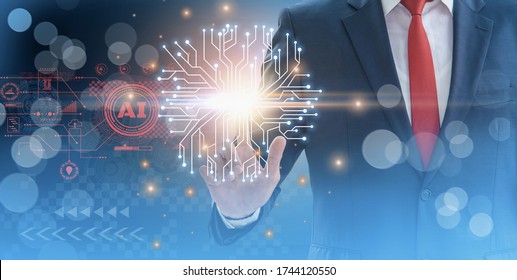Business man using interface screen display analyze industry and process operations use artificial intelligence or AI system,concept futuristic innovation and technology,with internet of Things or iot