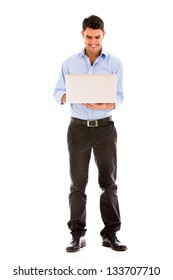 Business Man Using A Laptop Computer - Isolated Over White