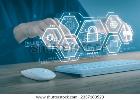 Business man using laptop with security icon screen, Data Security system concept, innovation technology, cloud computing, internet network communication