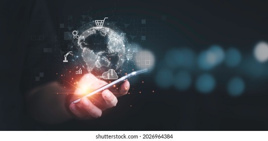 Business man using mobile phone for communication working and transaction ,Global  business by internet connection technology for financial banking , big data and digital linkage concept.