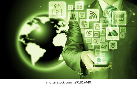 Business man using smart phone with social media icon set - Shutterstock ID 291819440