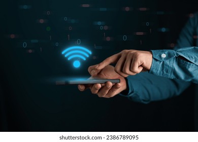 Business man using smartphone,with wifi icon,business communication social network concep,Security BYOD Business concept