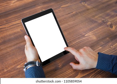 Business Man Using Tablet Computer. Tablet Vertical Screen Mockup.