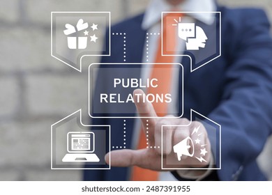 Business man using virtual touch screen clicks text: PR PUBLIC RELATIONS. PR Public Relations concept. Communication advertising marketing strategy. PR or media relations or marketing and publicity.