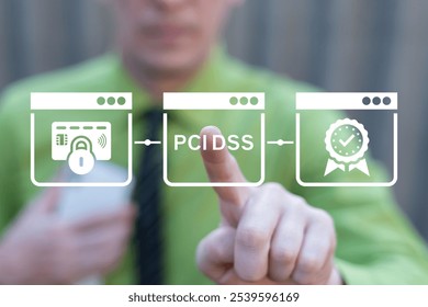 Business man using virtual touch screen presses inscription: PCI DSS. PCI DSS - Payment Card Industry Data Security Standard Concept.