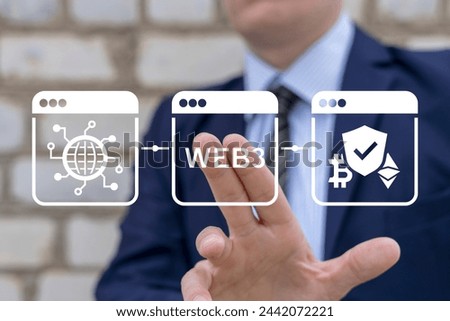 Business man using virtual touch screen presses inscription: WEB3. Web 3.0 concept. SEO web development and decentralized internet. WEB3 technology.