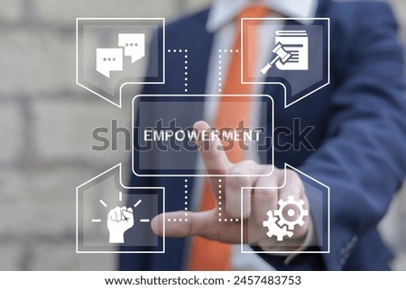 Business man using virtual touch screen presses text: EMPOWERMENT. Culture of empowerment concept. Employee empowerment. Empower Enable Authorize Liberate Power.