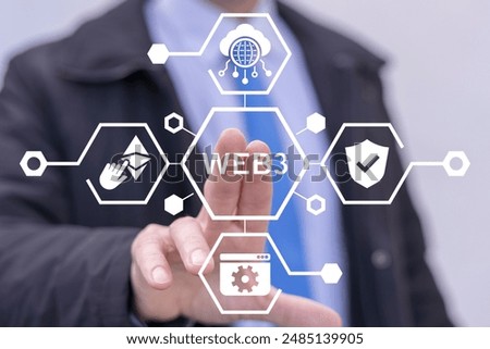 Business man using virtual touch screen presses button: WEB3. Web 3.0 concept. SEO web development and decentralized internet. WEB3 technology.