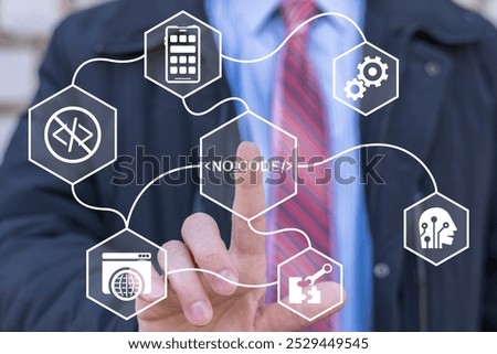 Business man using virtual touch screen presses inscription: NO CODE. No code platform for mobile applications programming concept. Low coding developing application. No-code web software development.