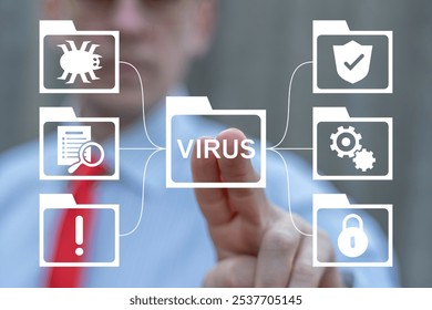 Business man using virtual touchscreen presses word: VIRUS. Malware Attack Virus Alert Cyber Security concept. Malicious software infection. Awareness training to protect business information.
