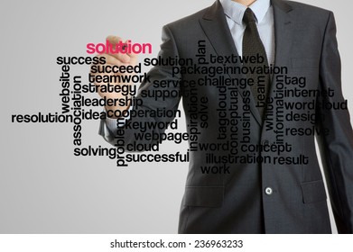 Business man with virtual interface of solution wordcloud 