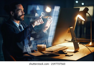 Business Man, Virtual Screen And Technology Innovation In Modern Corporate Environment Logistics. Touchscreen Computer And Future Of Work With Analytics, Graphs And Company Workflow Management.