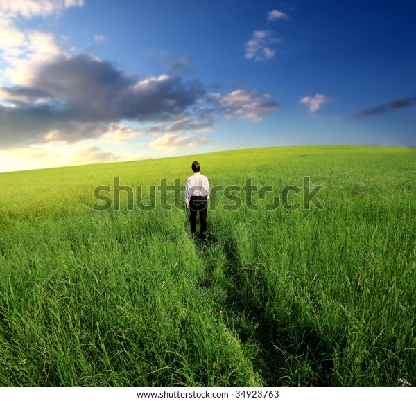 Business Man Walking Trough Grass Field Stock Photo (Edit Now) 34923763