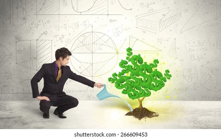 Business Man Watering A Growing Green Dollar Sign Tree Concept