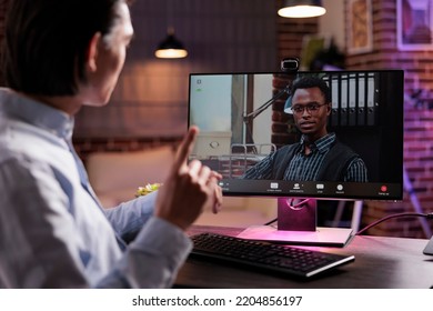 Business Man Waving At Videocall Conference With Webcam, Attending Online Teleconference Meeting On Computer. Talking To Person On Remote Videoconference Call, Having Telework Conversation.