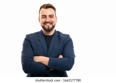 Business man wearing smart casual clothes standing with arms crossed isolated on white background with copy space advertising area